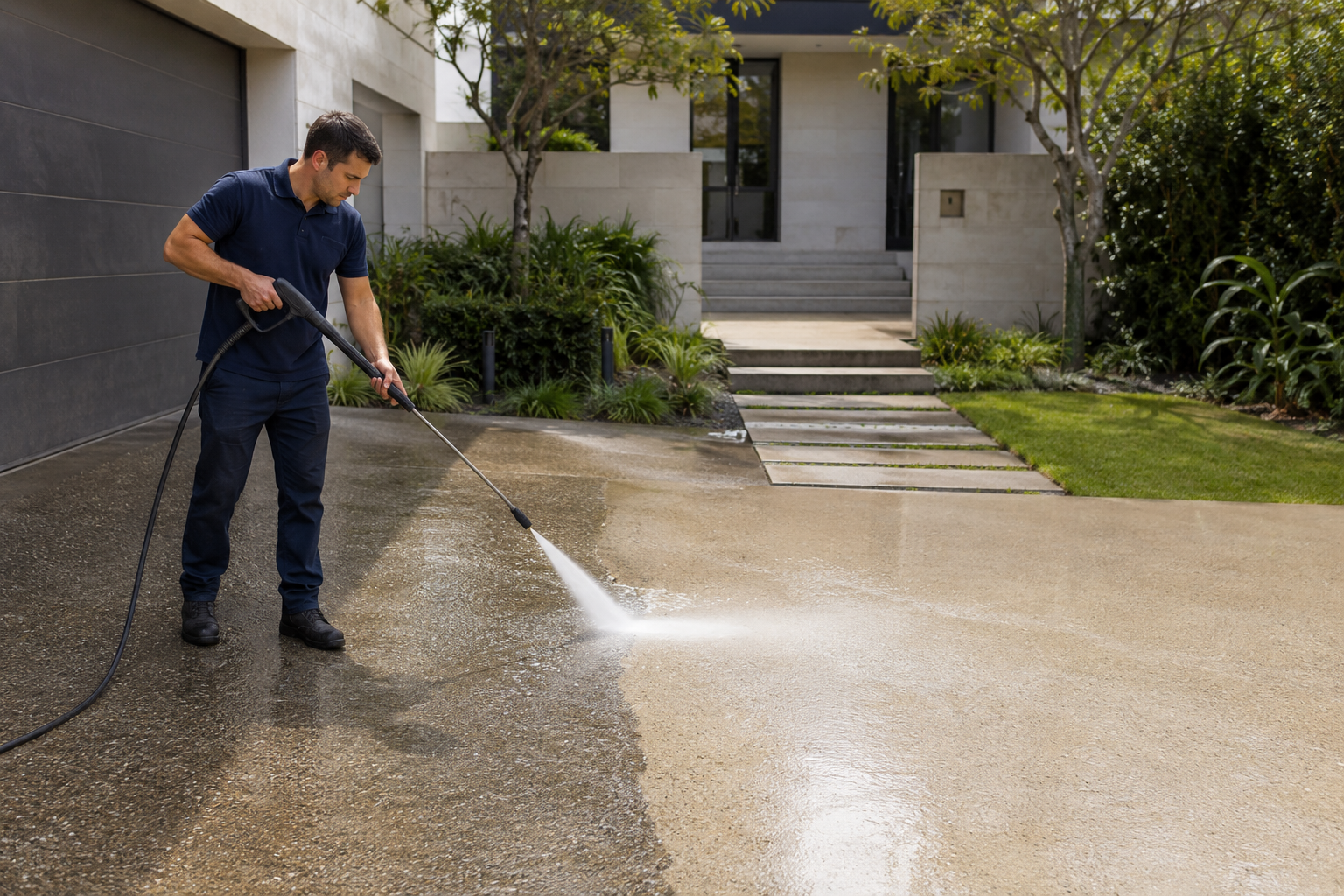 Professional pressure washing on a residential driveway